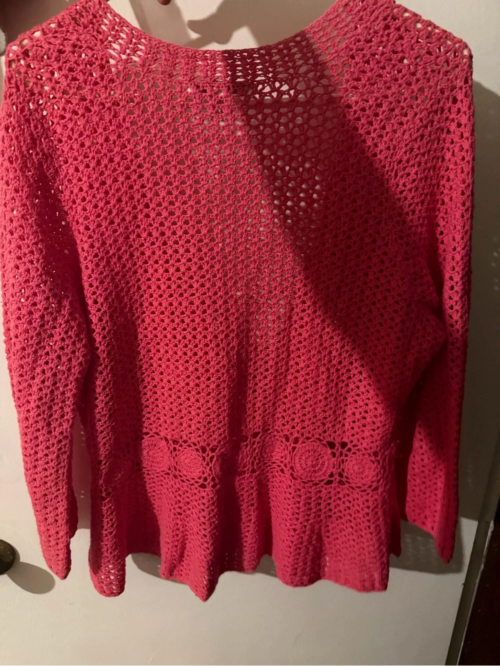 JM Collection Rose Pink Crochet Open-Front Cardigan. 100% cotton